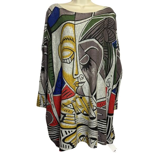 Aamilife One Size Fits All Abstract Sweater Gray with Multicolor Print NWT - Picture 1 of 8